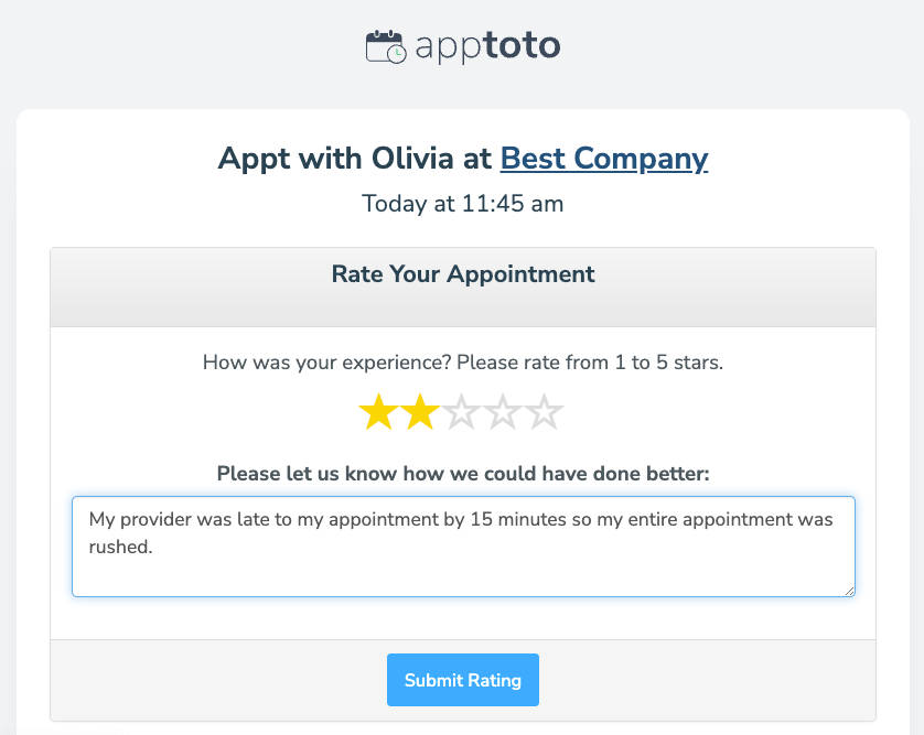An appointment review screen with a 2-star rating, inviting the client to leave additional private feedback.